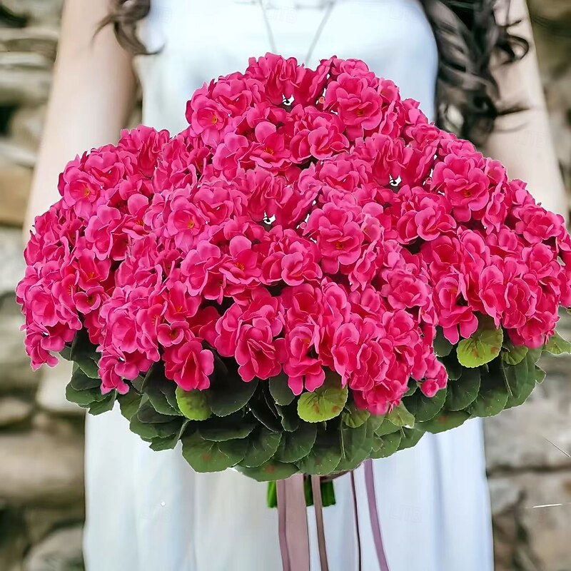 8 Bundles UV Resistant Artificial Geranium Flowers, Vivid Pink Faux Plants with Greenery for Indoor Outdoor Home Garden Wedding Decor2