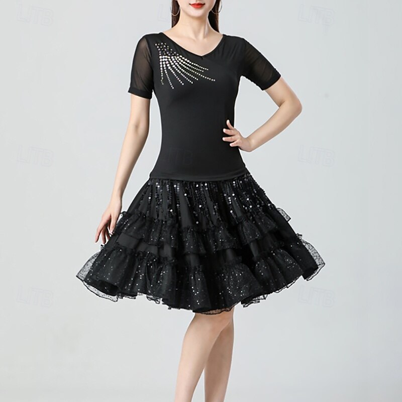 Latin Dance Skirts Pure Color Splicing Sequins Women's Performance Training Short Sleeve High Polyester3