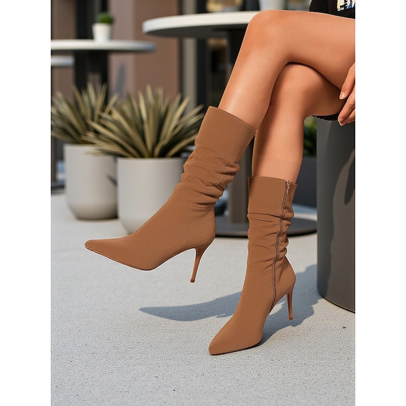 Women's Brown Suede Slouch Knee-High Boots - Pointed Toe Stiletto Heel Zip-Up Dress Boots for Fall Outfits, Parties, and Evening Wear