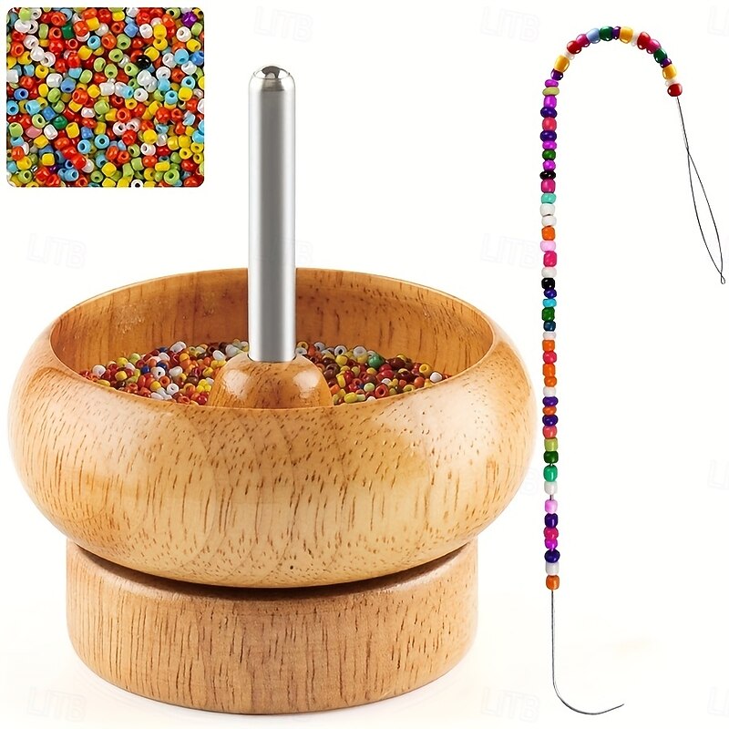 Effortless Wooden Bead Spinner for DIY Jewelry Making  Handcrafted Wooden Bracelet Spinner with Metal Beading Needle Perfect for Creating Colorful Seed & Clay Bead Bracelets