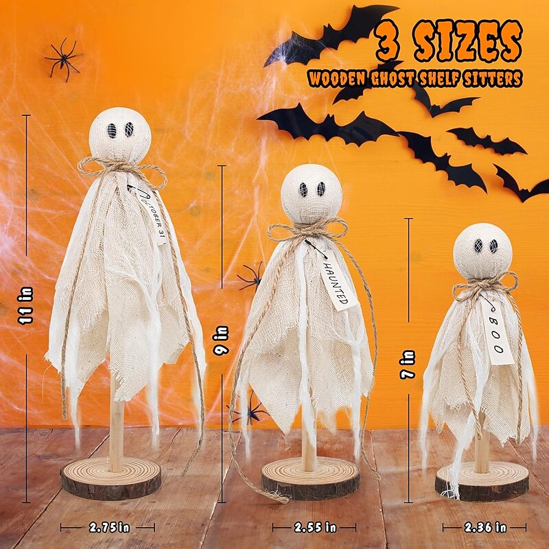 3pcs Halloween Wooden Ghost Decorations Indoor Rustic Shelf Sitters with Fabric Ghost Figures Halloween Table Decor for Tiered Tray, Mantel, Halloween Party Supplies4