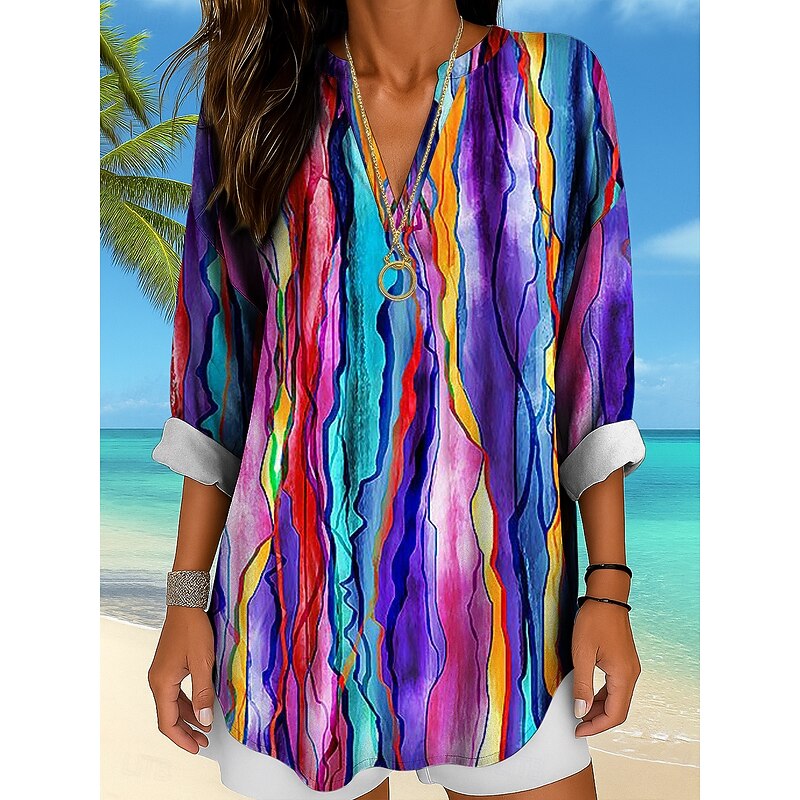 Women's Shirt Cotton Linen Shirt Long Sleeve Tunic Blouse Ombre Graphic Geometric Daily Hawaiian Business Long Sleeve V Neck Regular Tops Work Daily Holiday Buttons Print Black And White