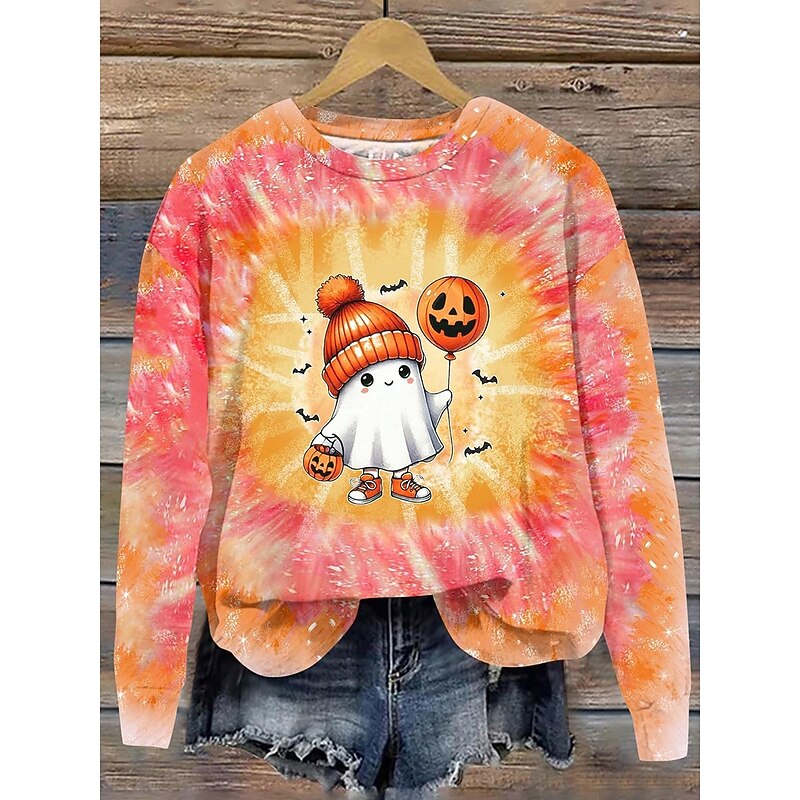 Halloween Women's Sweatshirts Ghost Graphic Casual Long Sleeve Crew Neck Regular Tops Street Dailywear Casual Print Pink Blue Orange Spring Fall Winter