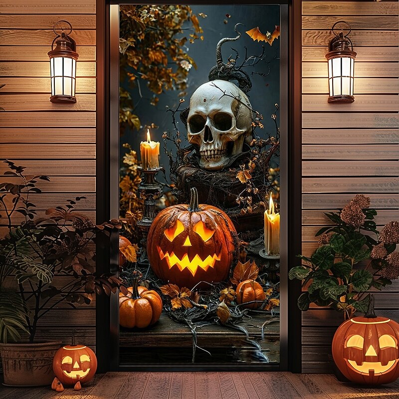 Helloween Door Covers Door Skeleton Pumpkin Tapestry Door Curtain Decoration Backdrop Door Banner for Front Door Farmhouse Holiday Party Indoor Outdoor Decor Supplies