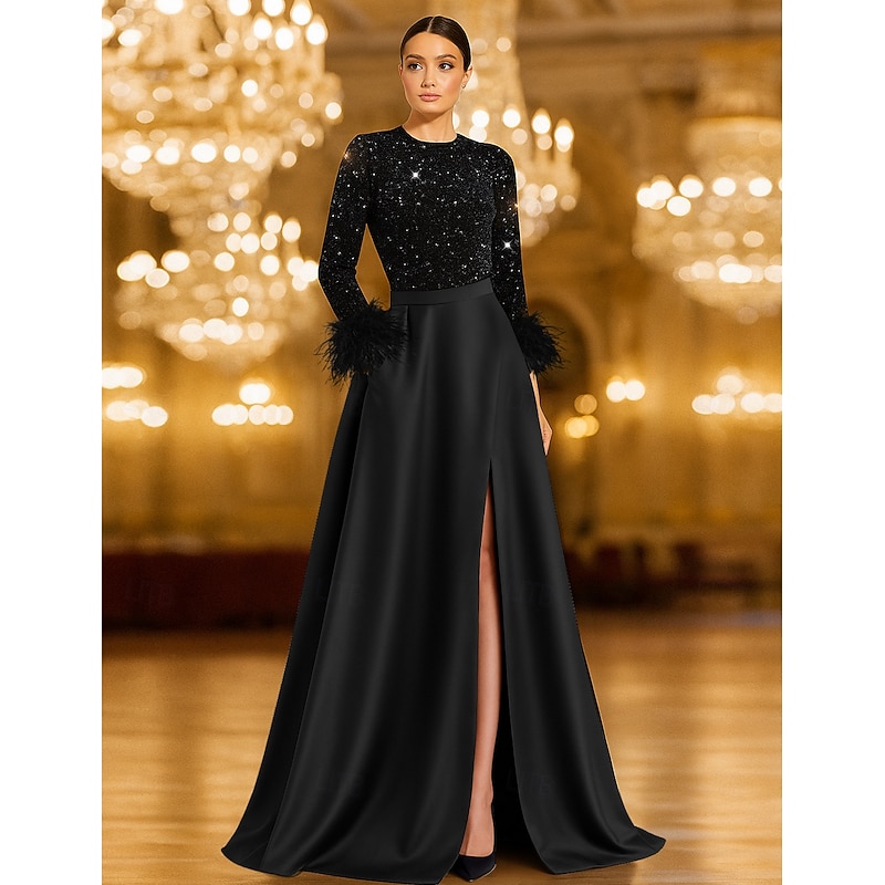 A-Line Evening Gown Sequin Elegant Dress Formal Wedding Floor Length Long Sleeve Crew Neck Pocket Satin with Feather Pocket