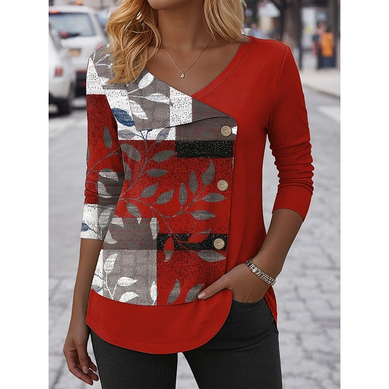 Women's Blouse Tunic V Neck Long Sleeve Buttons Graphic Geometric Vintage Fashion Casual Regular Tops Daily Patchwork Print Red Blue Purple Green Spring Fall Winter Prefall