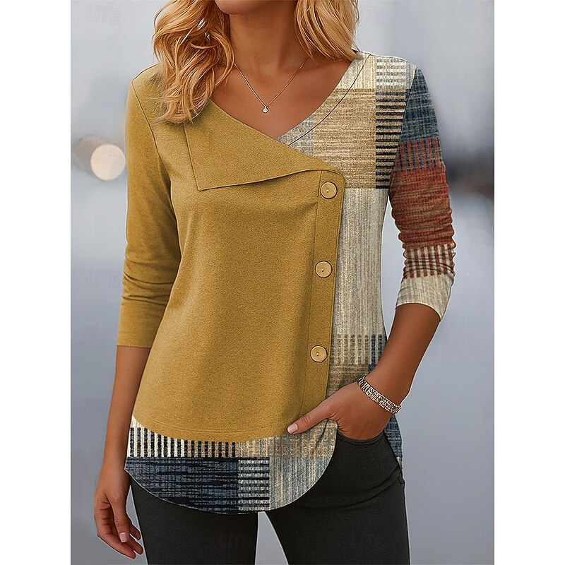 Women's Blouse Tunic V Neck Long Sleeve Buttons Shirt Graphic Geometric Plaid Vintage Stylish Casual Crew Neck Tops Daily Patchwork Print Yellow Red Light Brown Blue Sky Blue Spring Fall Winter3