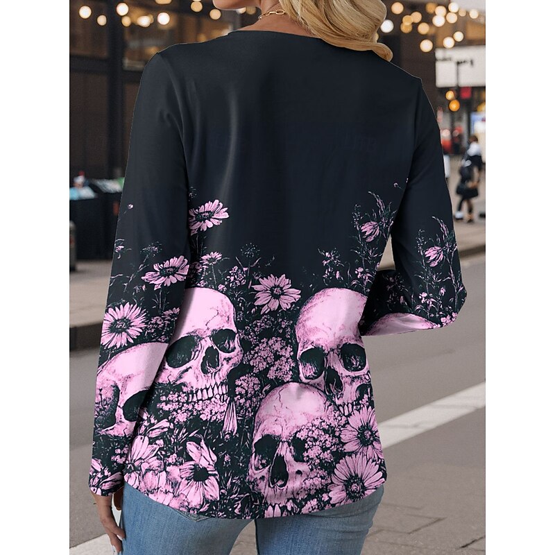 Halloween Women's T Shirt Skulls Crew Neck Long Sleeve Tunic Graphic Casual Round Neck Regular Tops Daily Print Pink Blue Purple Green Fall2