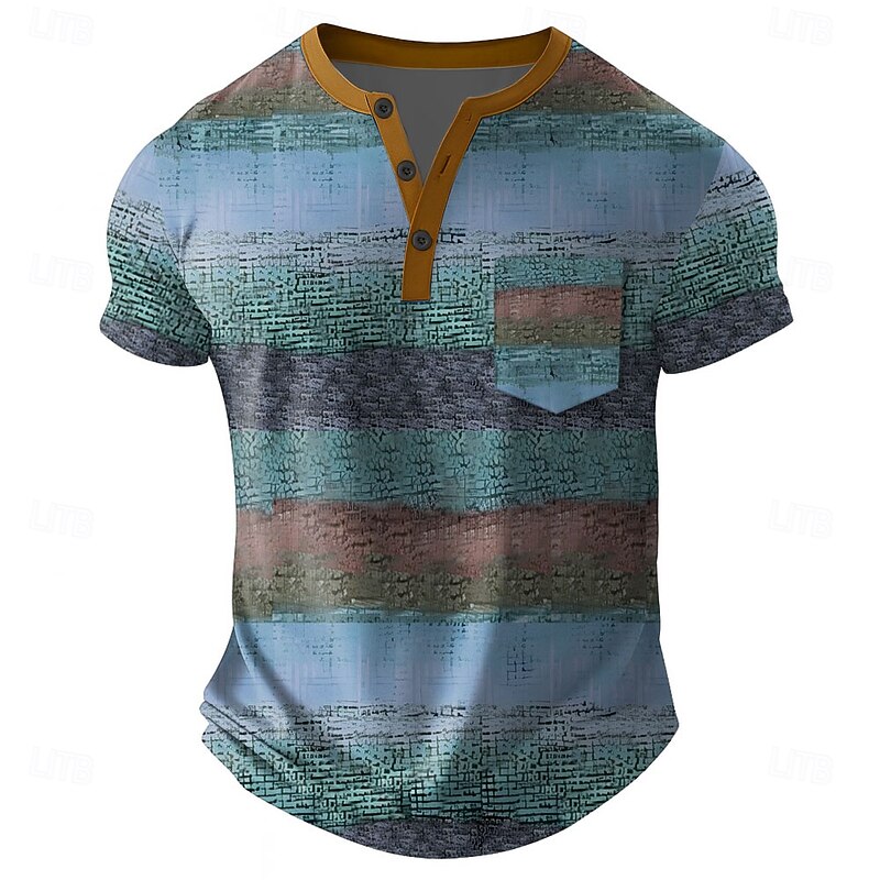 Men's Rainbow Horizontal Stripes T Shirt Henley Shirt Short Sleeve T shirt 3D Print Henley Shirt Fashion Daily Designer Street Casual Daily Blue Green Khaki Summer Spring All Seasons Clothing Apparel2