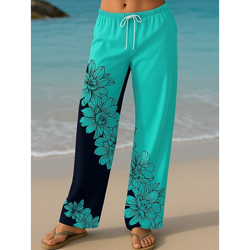 Women's Culottes Wide Leg Vacation Vintage Ethnic Style Long High Waist Floral Graphic Quick Dry Breathability Soft Inelastic Formal Outdoor Vacation Lake blue Yellow Blue Green Summer Spring