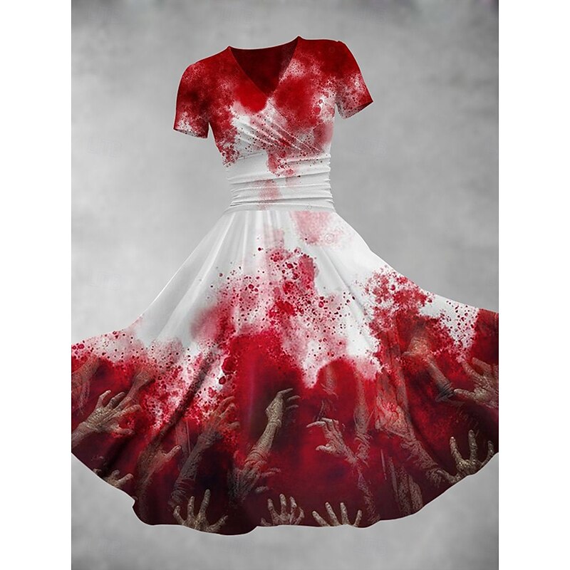 Halloween Women's Bat Print Midi Dress A Line Dress Summer Dress Fit And Flare Dress Party Casual Daily Holiday Regular Fit Graphic Abstract Short Sleeve V Neck Black White Red Summer Spring Fall2