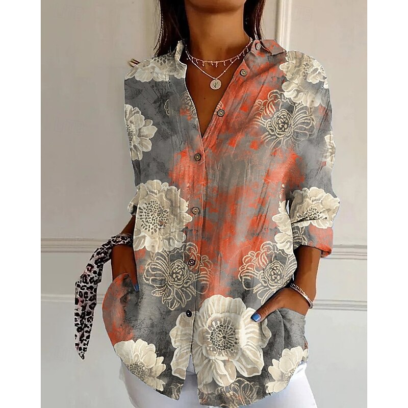 Women's Shirt Blouse Flower Modern Casual Long Sleeve Shirt Collar Regular Tops Holiday Going out Buttons Print Black Navy Blue Orange Green Gray Summer3
