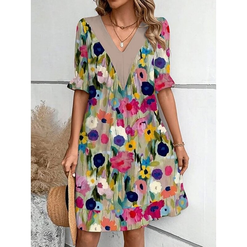 Women's Mini Dress Summer Dress Casual Daily Regular Fit Floral Striped Half Sleeve V Neck Red Light Brown Blue Green Summer Spring2