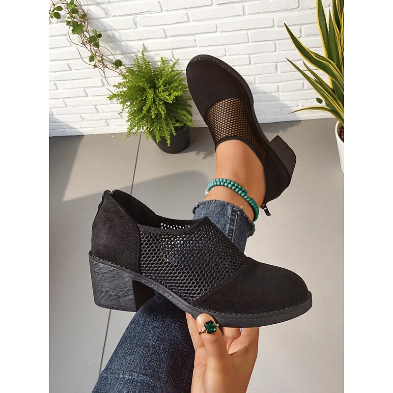 Women's Black Mesh Chunky Heel Shoes – Breathable Vintage-Style Pumps for Office, Garden Parties & Smart Casual Looks4
