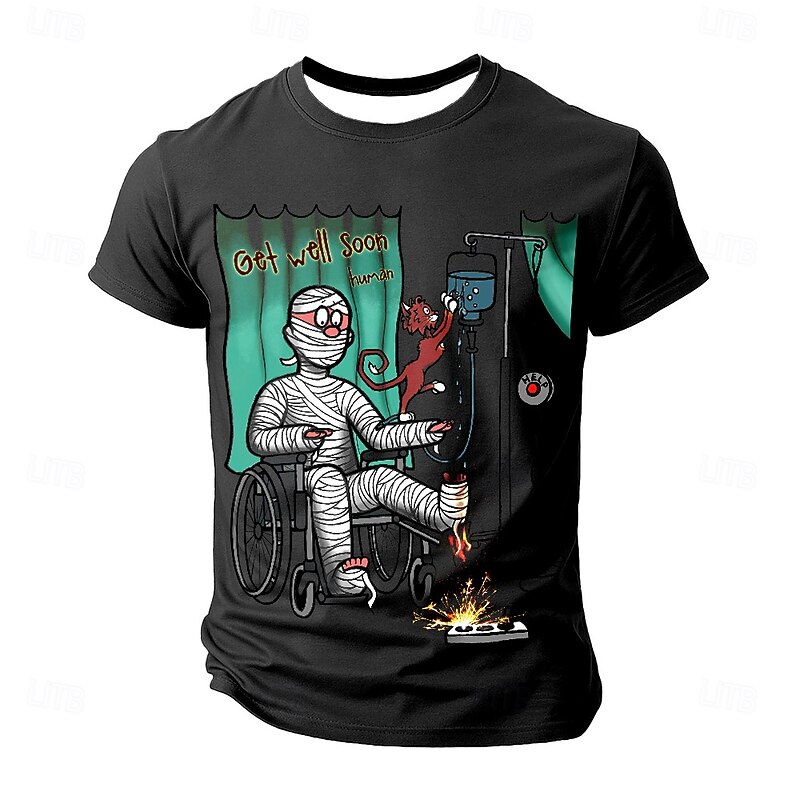 Halloween Men's Cat Sarah Richter Funny T Shirt Short Sleeve T shirt 3D Print Crew Neck Shirt Exaggerated Designer Artistic Street Casual Daily Black Green Summer Spring All Seasons Clothing Apparel