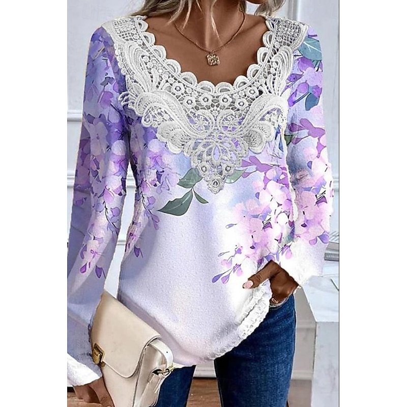Women's Blouse Tunic Lace Splicing V Neck Long Sleeve Floral Graphic Plants Elegant Vintage Crew Neck Regular Tops Daily Going out Weekend Lace Patchwork Print Dusty Rose Purple Khaki Beige Fall