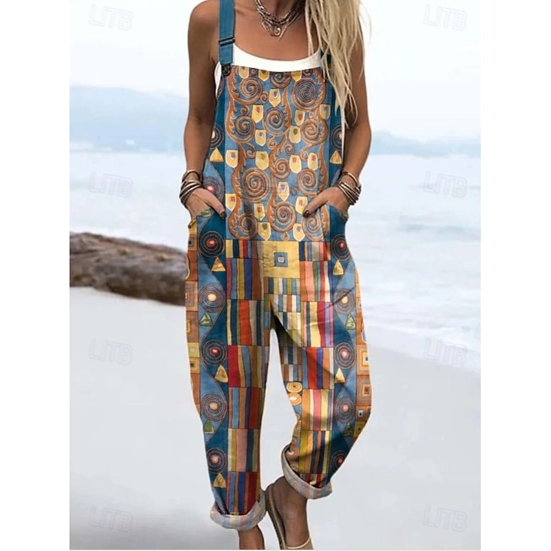 Women's Dungarees Active Graphic Sleeveless Straight Drawstring Vacation Daily Loose Fit Red Navy Blue Dusty Blue Summer