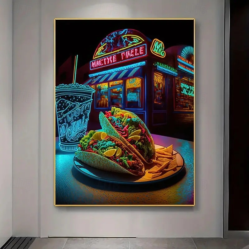 Vibrant Neon Lamp Corn Cake Shop Canvas Art - Frameless Modern Living Room Bedroom Or Home Office Wall Decoration Mediterranean Style Design With Glowing Neon Lights Perfect For Indoor Spaces4