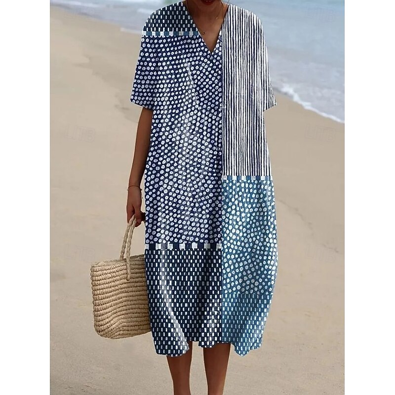 Women's Midi Dress Sundress A Line Dress Vacation Casual Beach Party Going out Beach Loose Fit Graphic Geometric Short Sleeve V Neck Dark Yellow Pink Blue Orange Summer Spring4