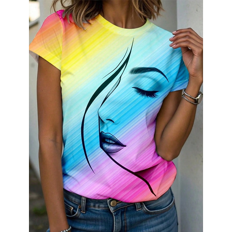 Women's T Shirt Graphic Abstract Vintage Stylish Casual Short Sleeve Crew Neck Regular Tops Daily Weekend Print Yellow Pink Blue Purple Summer Spring4