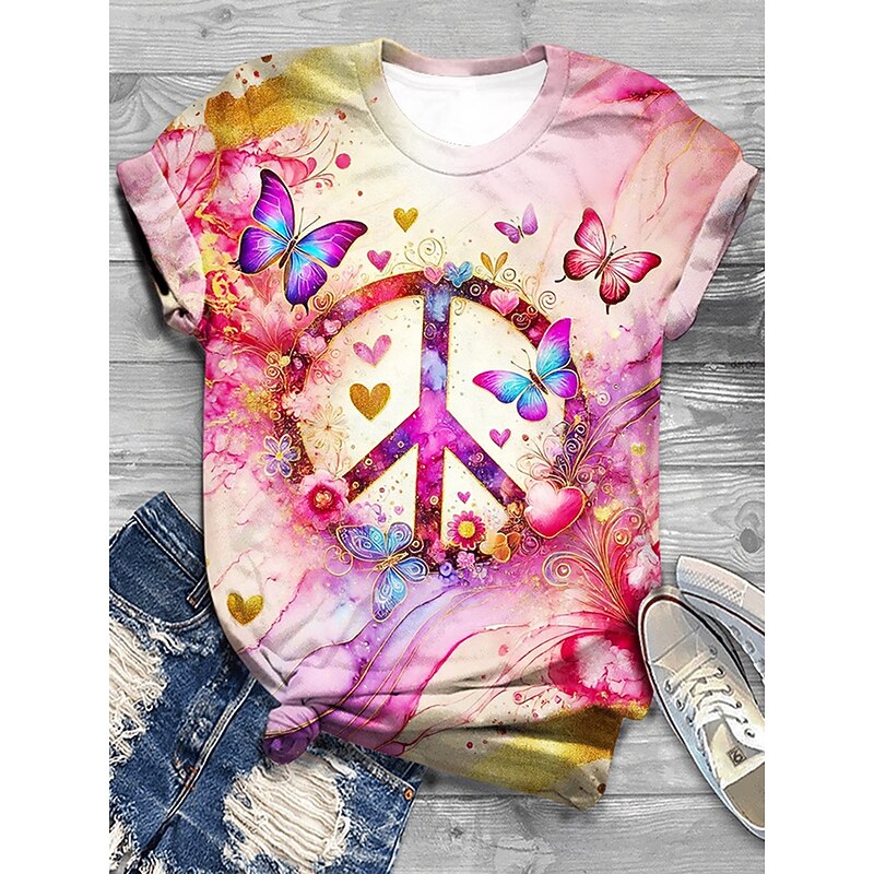 Women's T Shirt Ombre Graphic Animal Vintage Casual Short Sleeve Crew Neck Regular Tops Daily Weekend Print Pink Blue Sky Blue Orange Khaki Summer Spring3