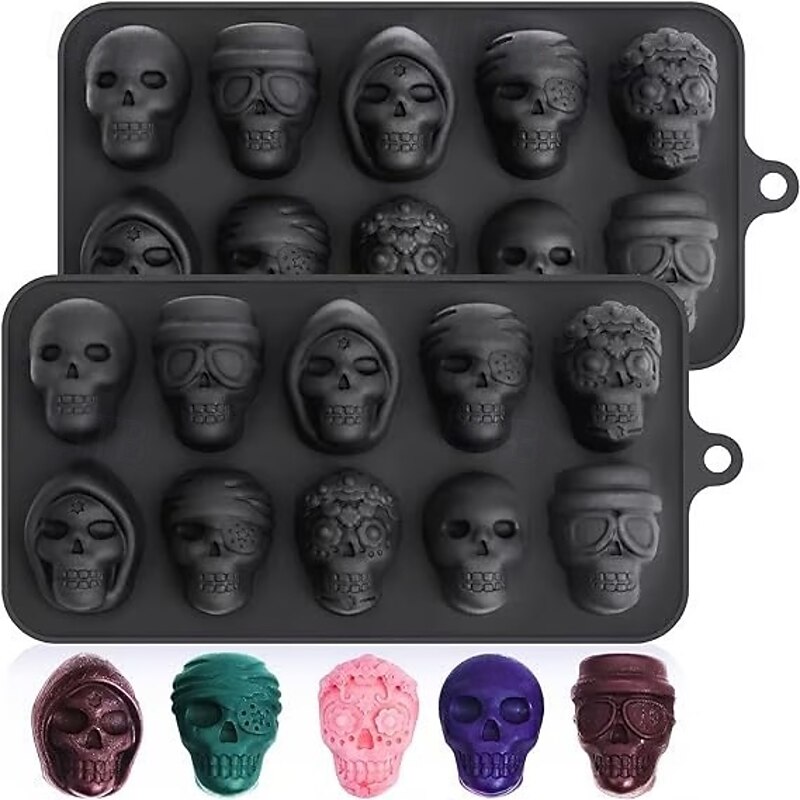 2 Pack Halloween Silicone Molds Skull Chocolate Mold Silicone Praline Mold, 10-Cavity for DIY Candy, Jelly, Ice Cubes, Fondant, and Cake Decorating