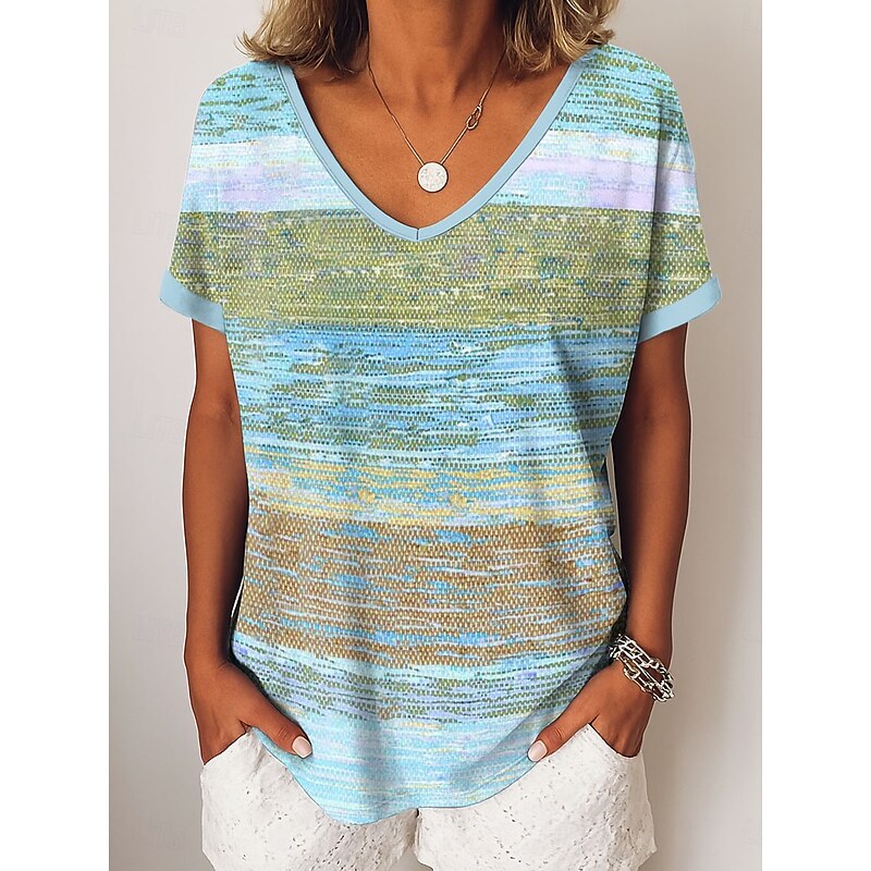 Women's T Shirt Graphic Geometric Striped Vintage Casual Short Sleeve V Neck Regular Tops Daily Weekend Vacation Wear Print Pink Blue Purple Green Summer Spring4