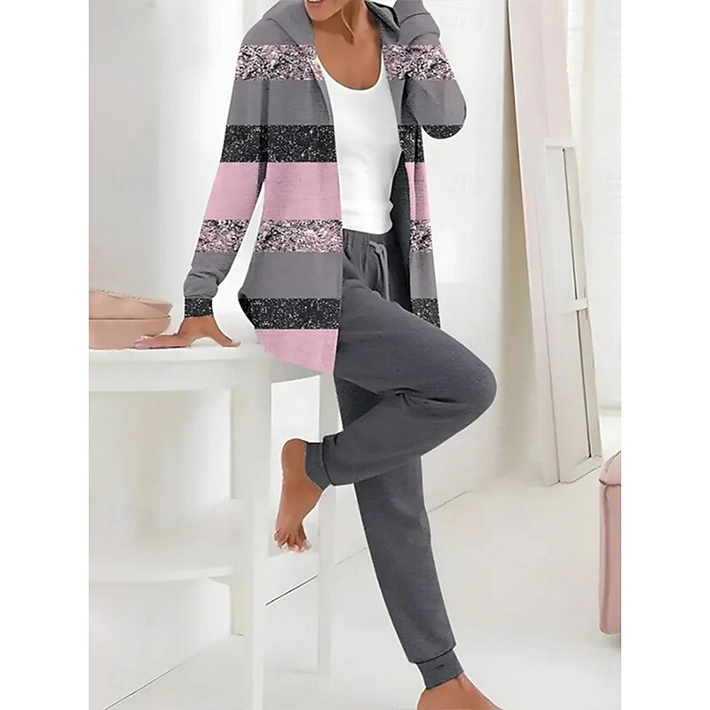 Women's 2 Pieces Hoodie Tracksuits Long Sleeve Daily Hooded Graphic Striped Leaves Zipper Drawstring Print Casual Yellow Pink Khaki Fall Regular Fit3