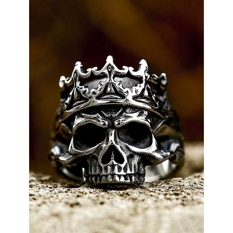 Men's Stainless Steel Skull Ring with Crown – Gothic Punk Style, Durable Heavy Metal Design, Ideal for Halloween Parties, Cosplay & Rock Concerts
