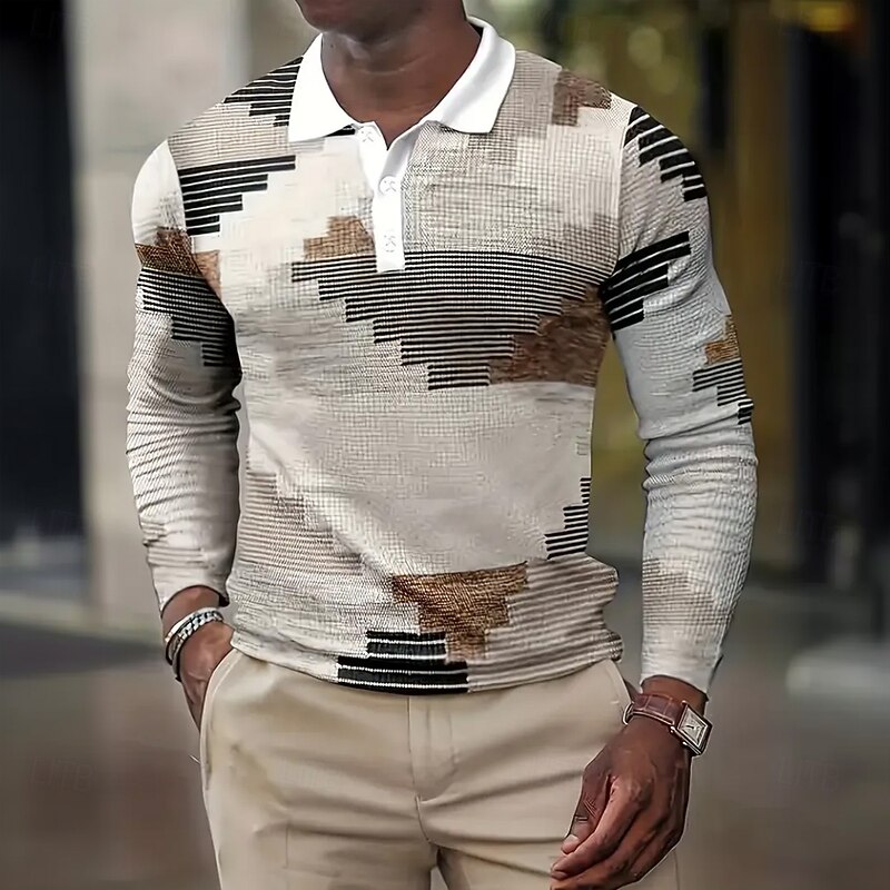 Men's Color Block Waffle Polo Shirts Long Sleeve Polo Shirts Collared Shirts Business Casual Business Wear to work Daily Wear Buttons Spring Fall Winter Brown