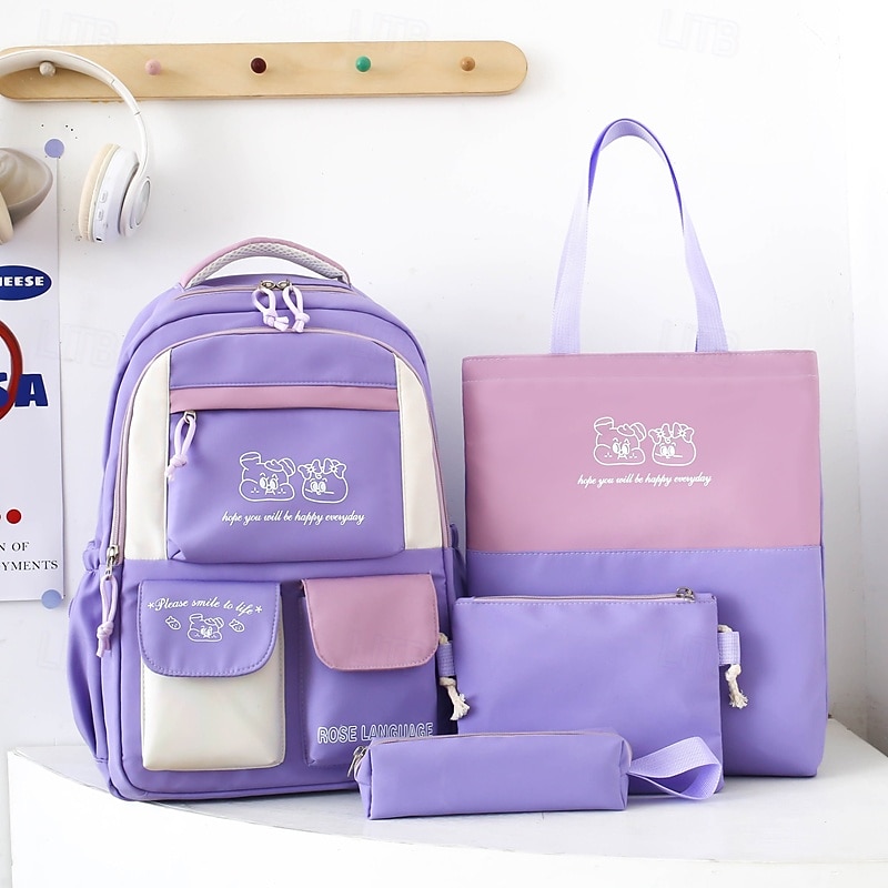 4-Piece Kawaii Backpack Set for Girls – Purple and Pink School Bag with Tote, Pencil Case & Pouches for Teen Students