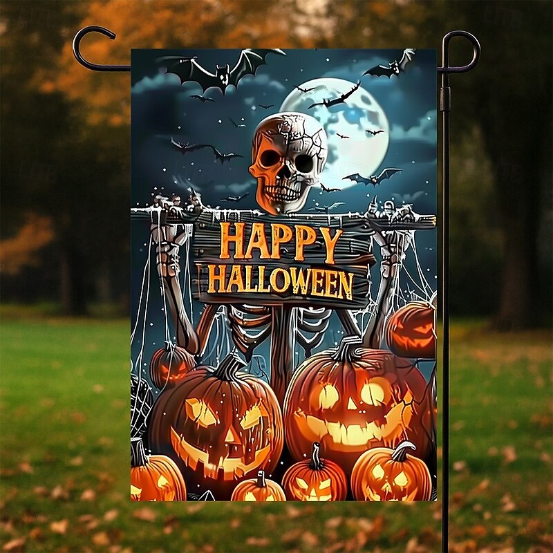 Halloween Garden Flag Banner – "Happy Halloween" with Pumpkins and Skulls, Double-Sided Weather-Resistant Yard Flag for 2025 Halloween Holiday Outdoor Lawn, Porch Decoration3