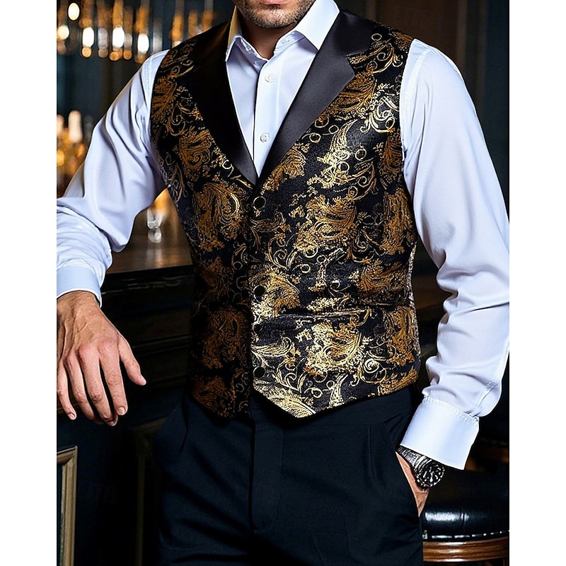 Men's Vest Waistcoat Gilet Vacation Party Business Fashion Casual Summer Spring Buttons Polyester Comfortable Gilding Single Breasted One-button Lapel Regular Fit Gold Vest