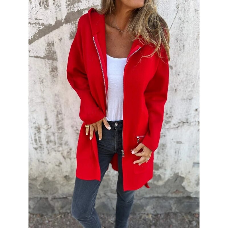 Women's Hoodie Jacket Comfortable Breathable Zipper Pocket Fashion Daily Plain Outdoor Casual Daily Zipper Regular Hooded Regular Fit Long Sleeve Outerwear Black Red Camel Spring Fall