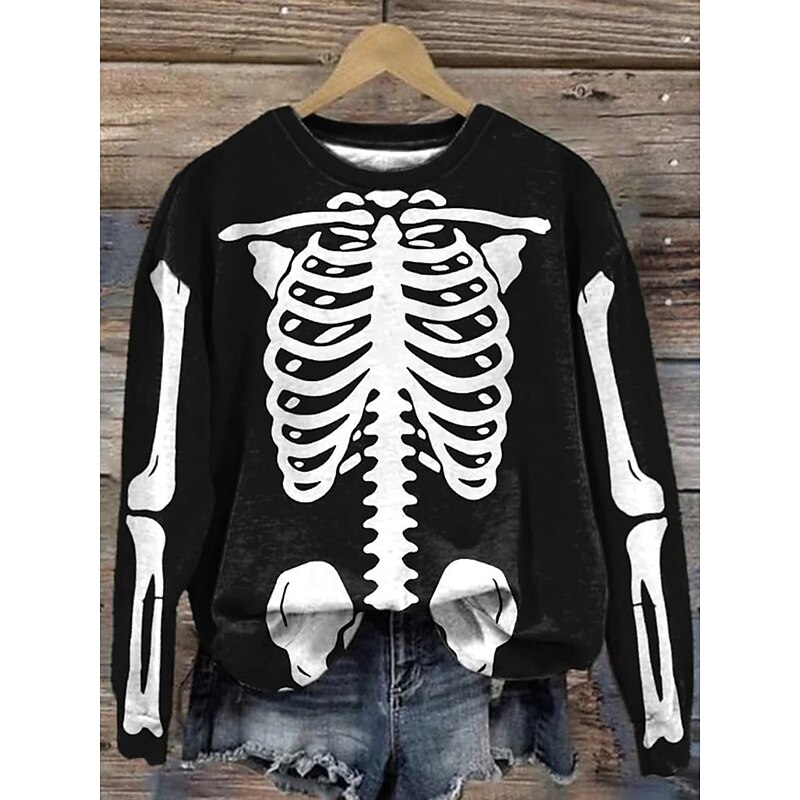 Halloween Women's Sweatshirts Skulls Graphic Casual Long Sleeve Crew Neck Regular Tops Street Dailywear Casual Print Black White Gray Fall Winter