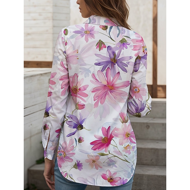 Women's Shirt Button Down Tunic Shirt Collar Long Sleeve Floral Graphic Elegant Vintage Tropical Regular Tops Work Daily s Print Yellow Pink Blue Purple Green Spring2