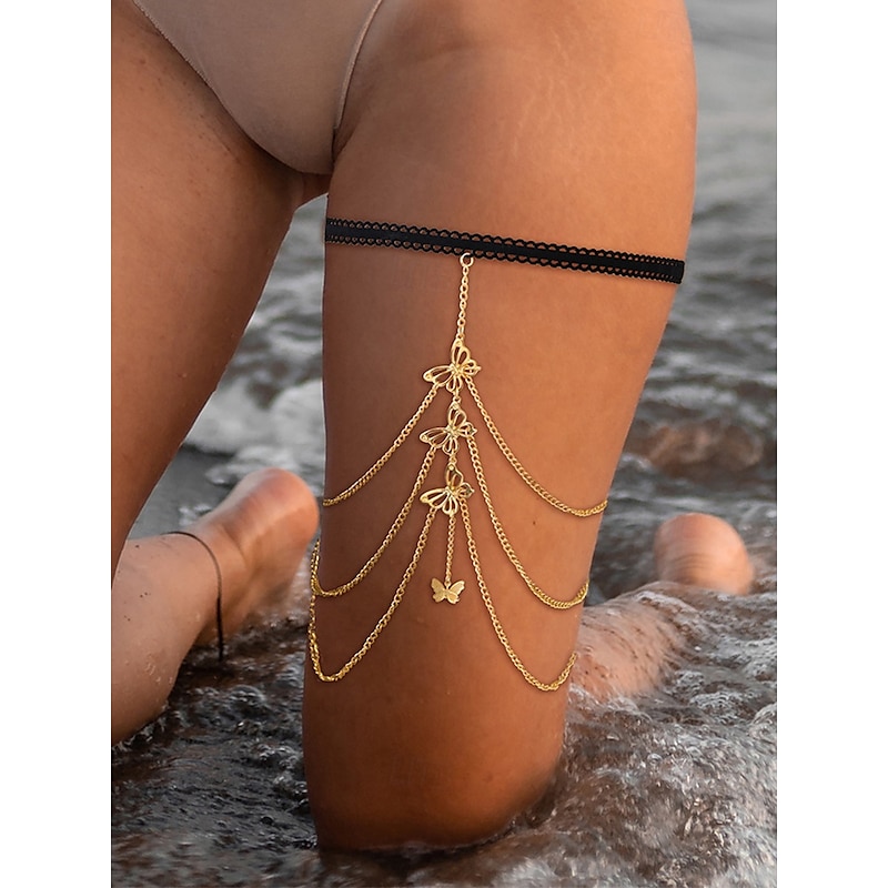 Women's Gold Butterfly Thigh Chain with Black Elastic Band – Boho Body Jewelry for Ladies, Ideal for Beachwear, Festivals and Summer Parties
