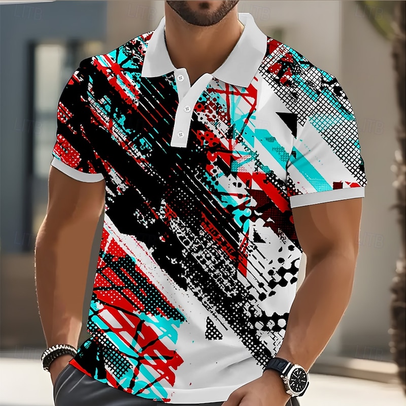 Men's Geometric Color Block Polo Short Sleeve Polo Shirts Collared Shirts Casual Athleisure Daily Wear Streetwear 3D Print Buttons Summer Rainbow
