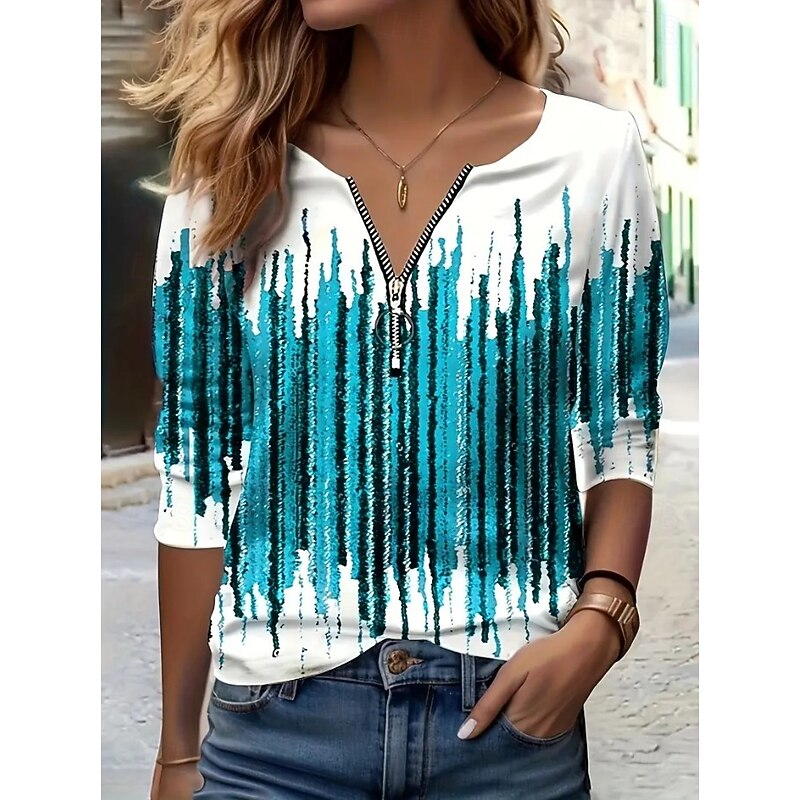 Women's T Shirt Quarter Zip Long Sleeve Casual Graphic Geometric Abstract Vintage Modern V Neck Regular Tops Daily Blue Purple Green Spring Fall3