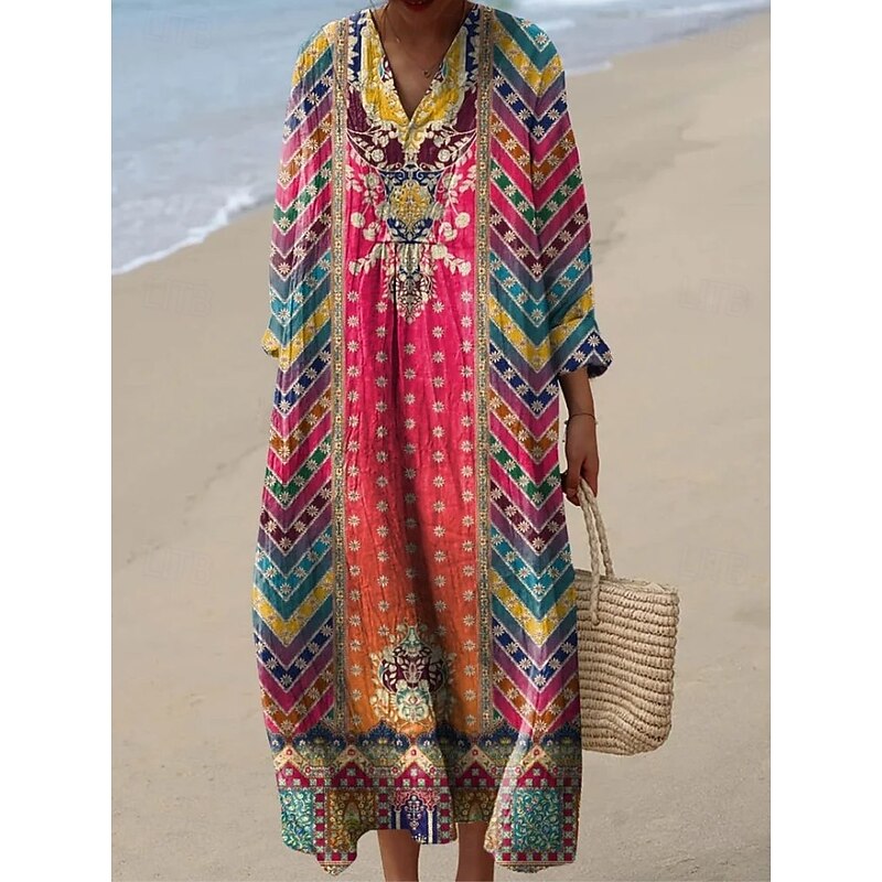 Women's Midi Dress V Neck Long Sleeve Kaftan Lightweight Loose Fit A Line Dress Casual Going out Loose Fit Floral Graphic Paisley Long Sleeve V Neck Light Pink Black Dark Pink Orange Fall3