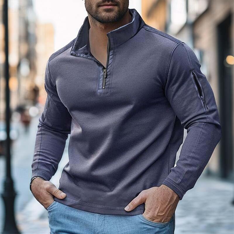 Men's Zip Up Hoodie Zip Sweatshirt Black White Navy Blue Blue Khaki Crew Neck Standing Collar Plain Zip Up Pocket Sports & Outdoor Casual Daily Streetwear Cool Sportswear Fall Fall & Winter Clothing