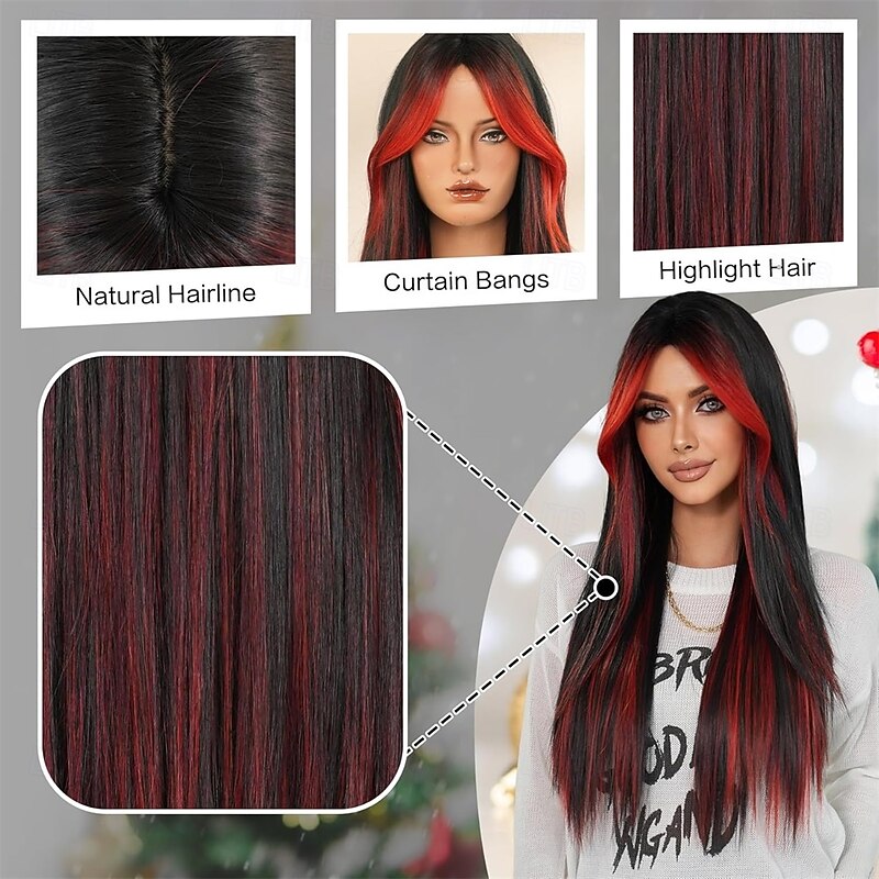 31in Ombre Red Black Long Straight Highlight Wigs with Curtain Bangs Natural Heat Resistant Synthetic Fiber Layered Highlight Midlle Part Women Wigs for Chrismas Daily Party Daily Used4