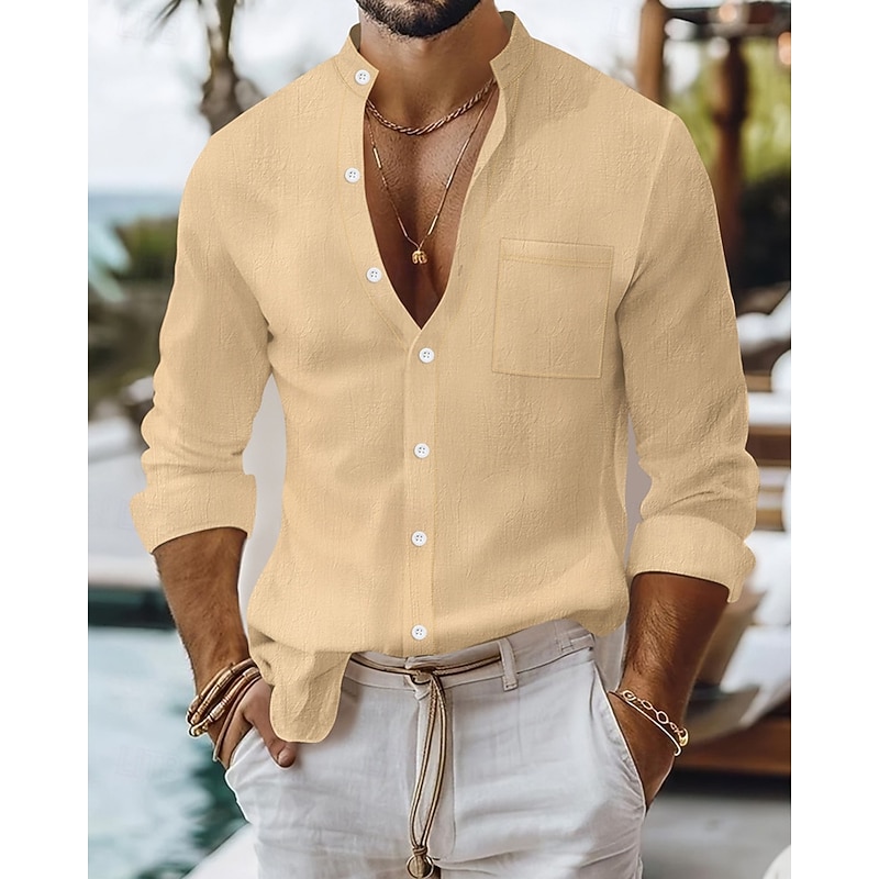 Men's Shirt Linen Shirt Casual Shirt Button Up Shirt Cotton Shirt Plain Vacation Hawaiian Black White Yellow Navy Blue Long Sleeve Band Collar Spring Fall Clothing Apparel Pocket
