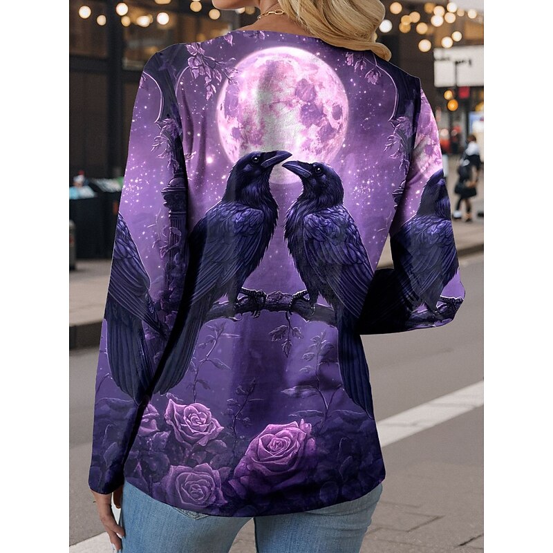 Halloween Women's T shirt Bat Long Sleeve Crew Neck Long Sleeve Tunic Floral Graphic Animal Vintage Stylish Classic Round Neck Regular Tops Daily Print Blue Purple Green Fall Prefall2