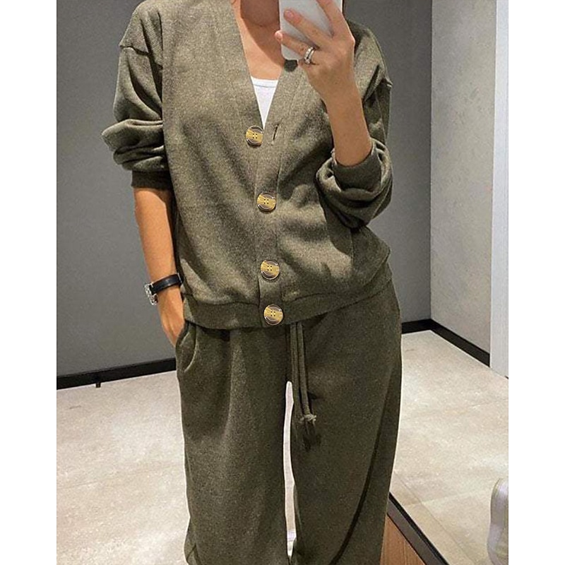 Women's Active Streetwear Blouse Pants Sets Long Sleeve V Neck Solid Color Vacation Daily Wear Black Army Green Dusty Blue Fall Regular Fit
