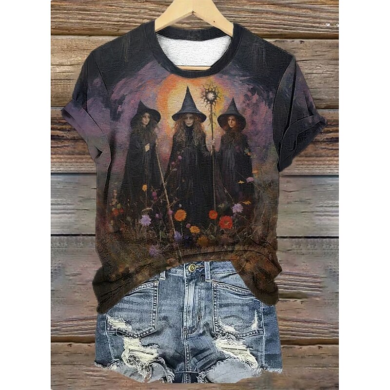 Halloween Women's T shirt Witch Graphic Vintage Stylish Classic Short Sleeve Crew Neck Round Neck Regular Tops Daily Weekend Print Black Dark Green Fuchsia Green Summer Spring Fall4