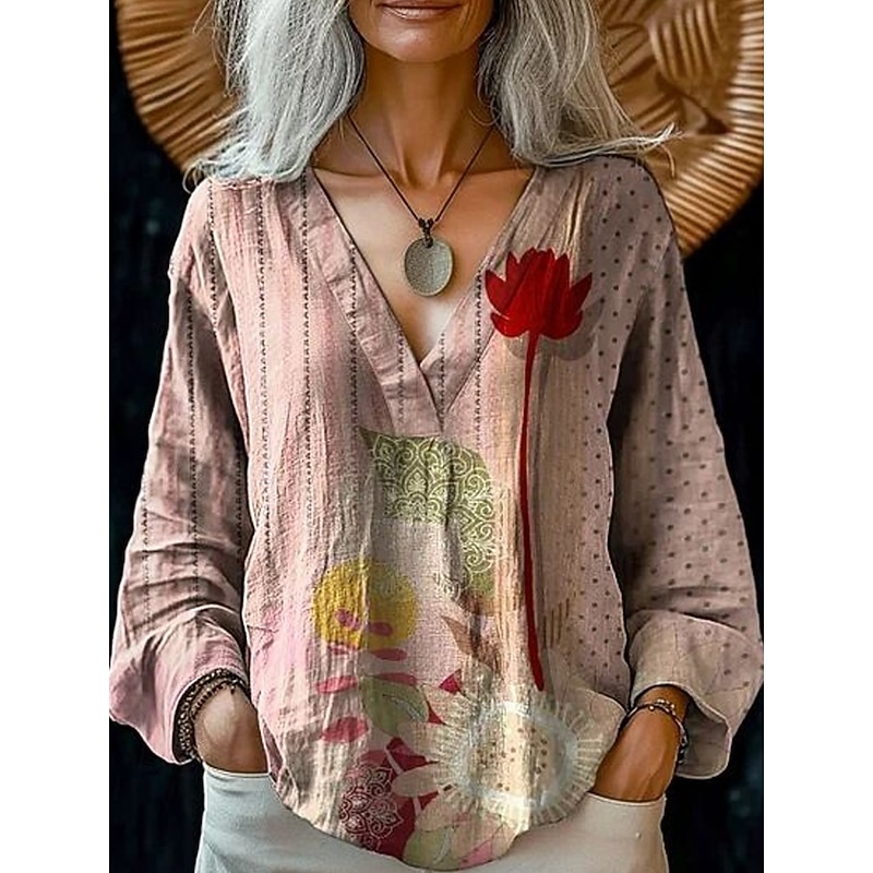 Women's Blouse Floral Retro Vintage Ethnic Long Sleeve V Neck Regular Tops Daily Holiday Print Pink Blue Purple Gray Summer Spring Fall4