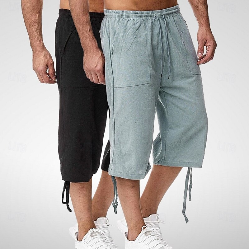 Men's Capri Pants Shorts Linen Shorts Summer Shorts Beach Shorts Pocket Elastic Waist Drawstring Plain Soft Breathable Calf-Length Outdoor Sports Outdoor Casual Vacation Classic Style Khaki+Black4