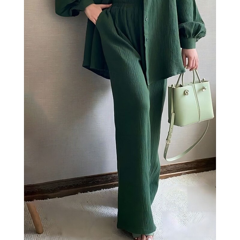 Women's Active Streetwear Shirt Blouse Pants Sets Long Sleeve Shirt Collar Solid Color Ruched Holiday Weekend Dark Green Fall Regular Fit2