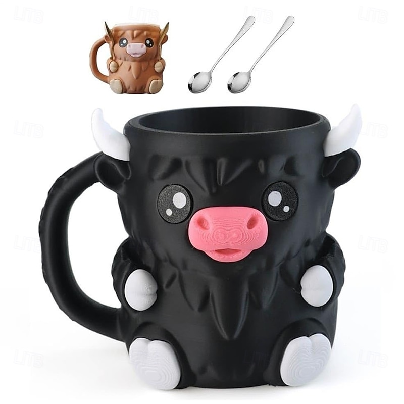 Highland Cow Ice Cream Pint Holder Reusable Popsicle Containers with Antifreeze Handle and Two Spoons Leak Proof Popsicle Cozy Cup for Highland Lover Gifts2